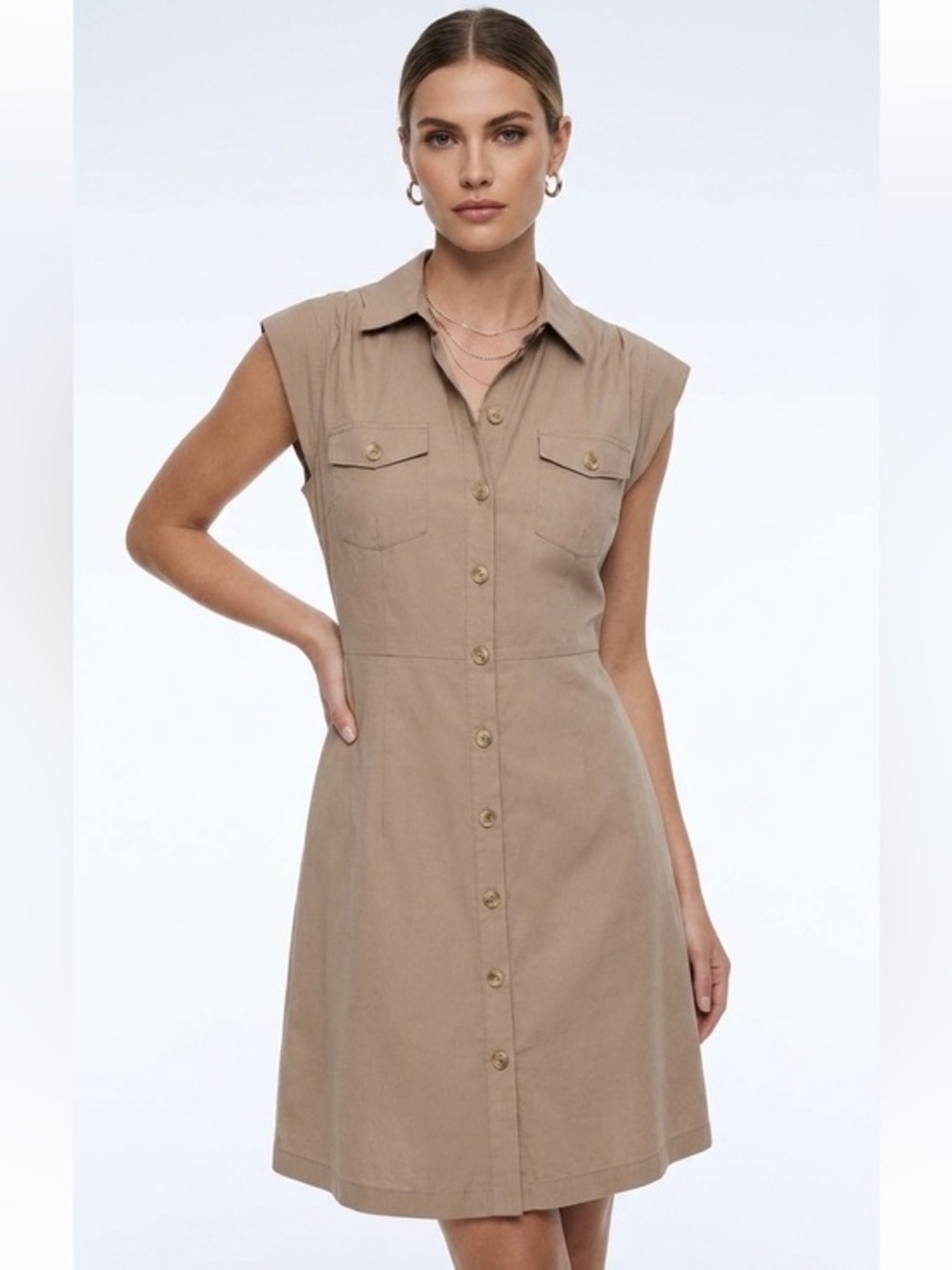 Taupe Sleeveless Button Front Shirt Dress Size Medium